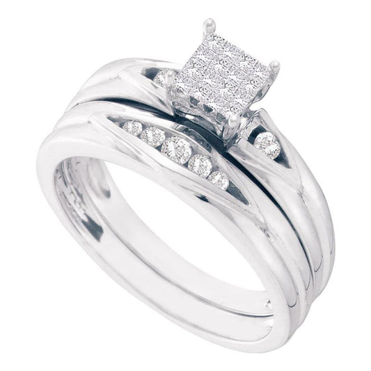 14k White Gold Princess Diamond Bridal Wedding Ring Set 1/4 Cttw