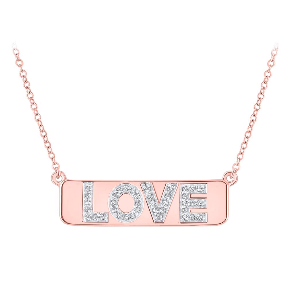 10k Rose Gold Diamond Pink Love Bar Pendant Necklace with 18"" Chain 1/8 Cttw