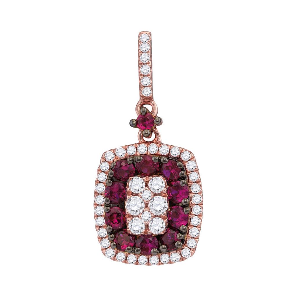 18k Rose Gold Round Ruby Diamond Rectangle Cluster Pendant 1 Cttw