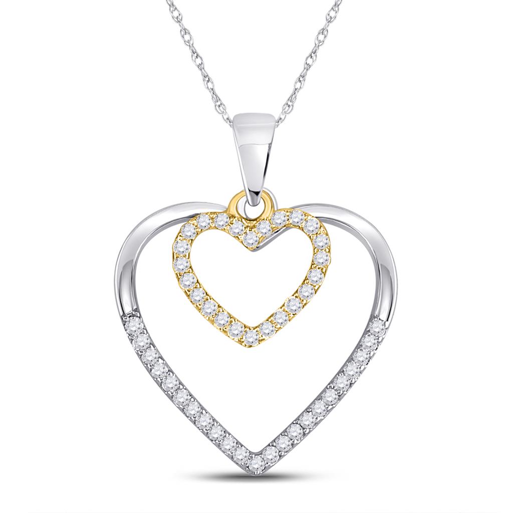 10k Two-tone Gold Round Diamond Double Heart Pendant 1/5 Cttw