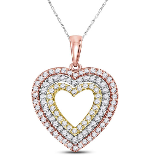 10k Tri-Tone Gold Round Diamond Triple Heart Pendant 1/2 Cttw