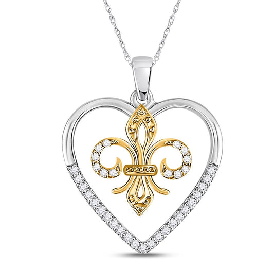 10k Two-tone Gold Round Diamond Fleur-de-Lis Heart Pendant 1/8 Cttw