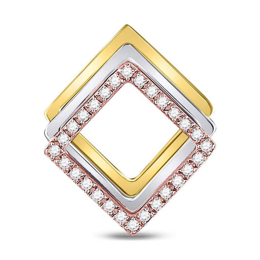 10k Tri-Tone Gold Round Diamond Diagonal Square Fashion Pendant 1/6 Cttw