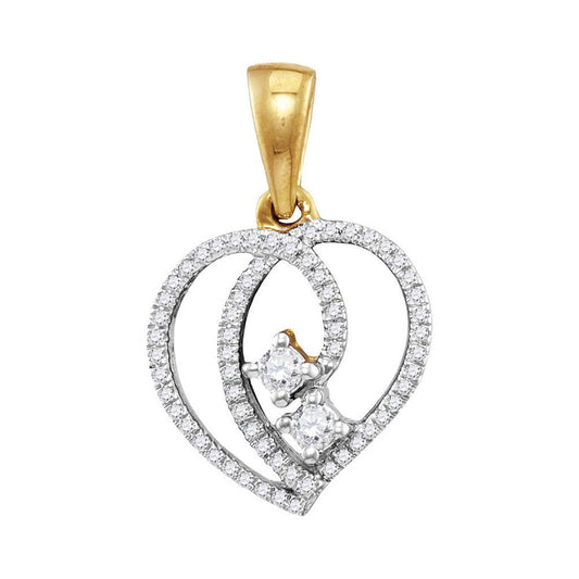 10k Yellow Gold Round Diamond 2-Stone Hearts Together Heart Pendant 1/6 Cttw