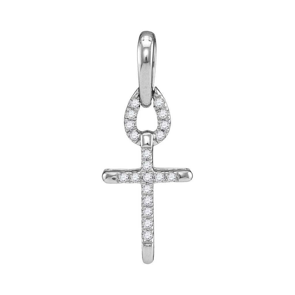 14k White Gold Round Diamond Small Roman Cross Religious Pendant 1/10 Cttw