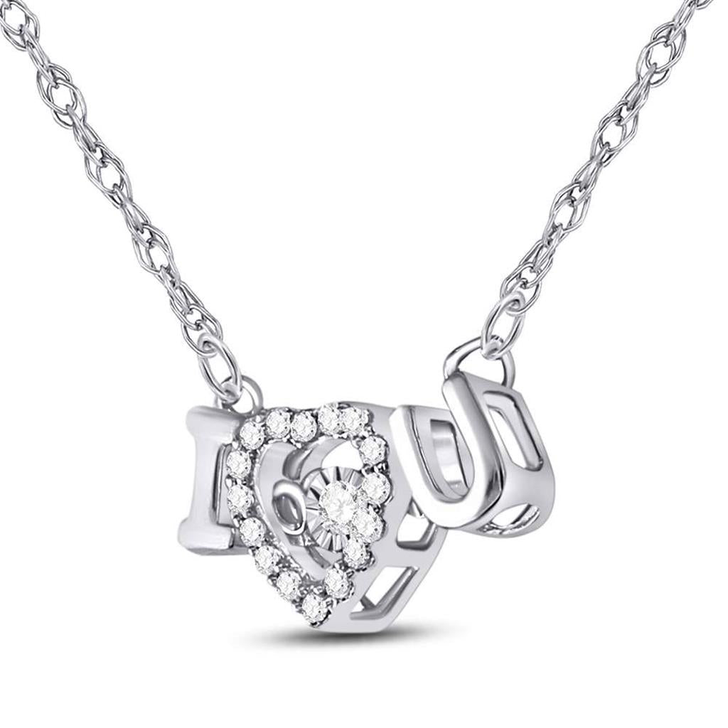 14kt White Gold Round Diamond I Love U Heart Pendant Necklace 1/10 Cttw