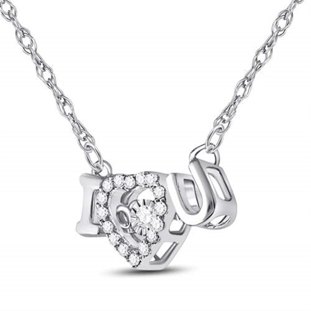 14kt White Gold Round Diamond I Love U Heart Pendant Necklace 1/10 Cttw