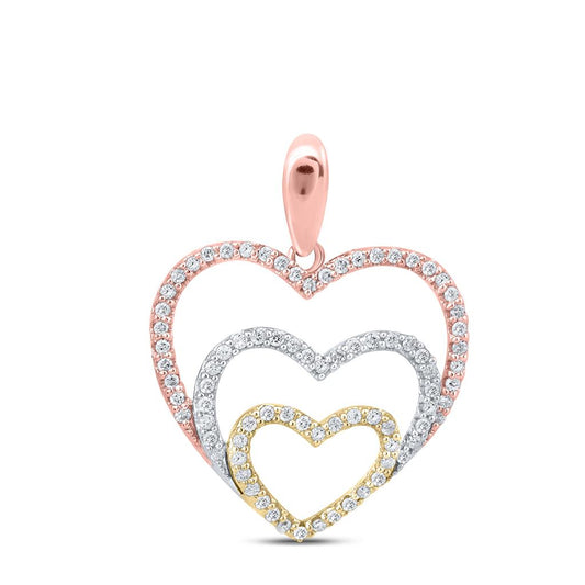 10kt Tri-Tone Gold Round Diamond Triple Nested Heart Pendant 1/3 Cttw
