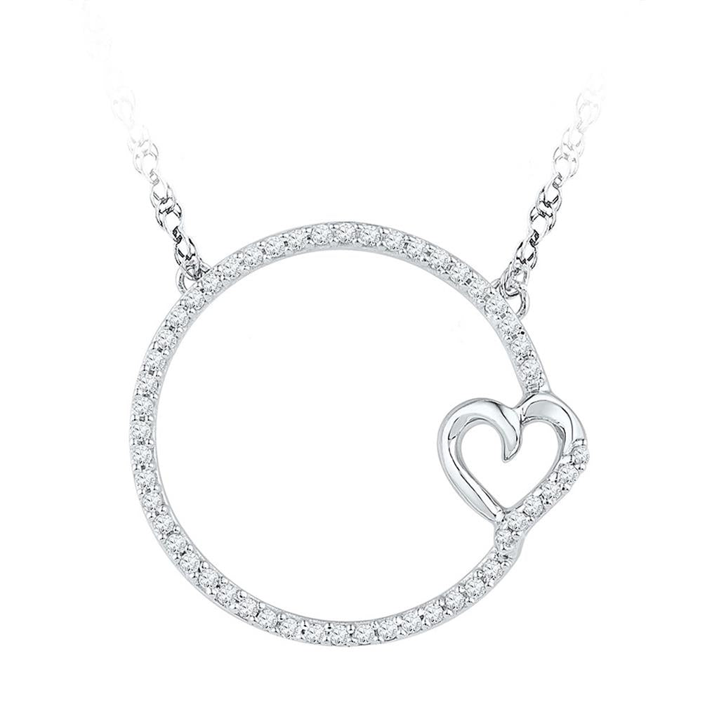 14k White Gold Round Diamond Circle Heart Pendant Necklace 1/5 Cttw