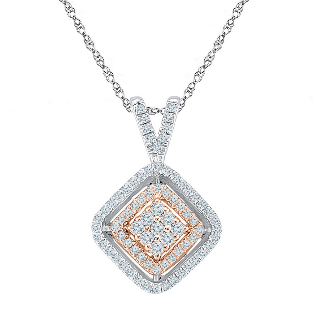 10k Two-tone Gold Round Diamond Offset Square Pendant 1/4 Cttw