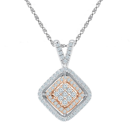 10k Two-tone Gold Round Diamond Offset Square Pendant 1/4 Cttw