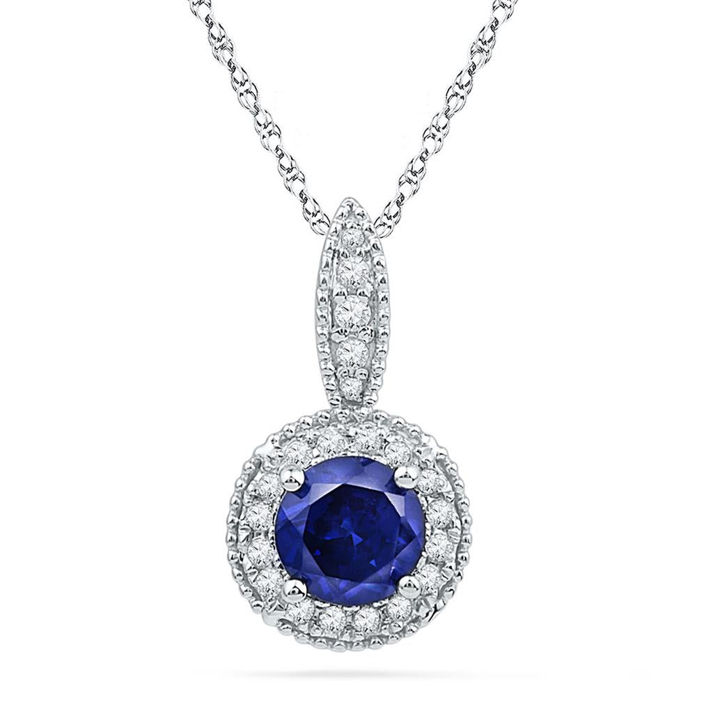 14k White Gold Round Created Blue Sapphire Solitaire Diamond Pendant 1/6 Cttw