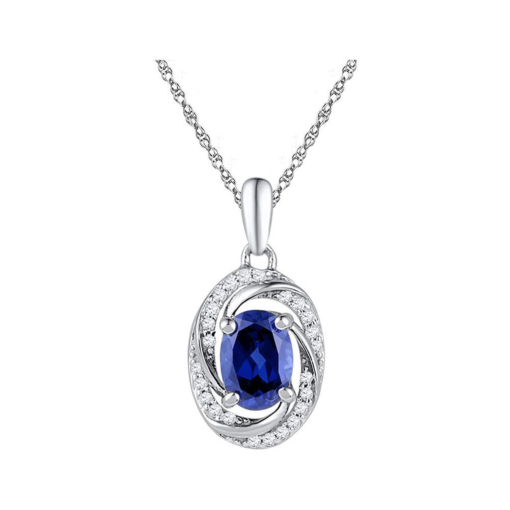 14k White Gold Oval Created Blue Sapphire Solitaire Diamond Pendant 1-1/3 Cttw