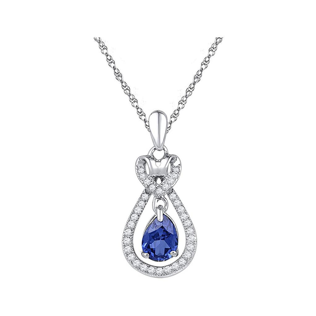 14k White Gold Oval Created Blue Sapphire Solitaire Pendant 1/6 Cttw