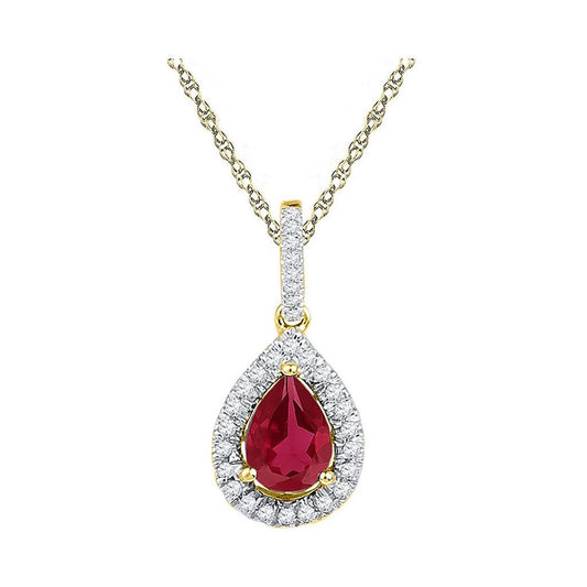 10k Yellow Gold Pear Created Ruby Solitaire Diamond Pendant 1-7/8 Cttw