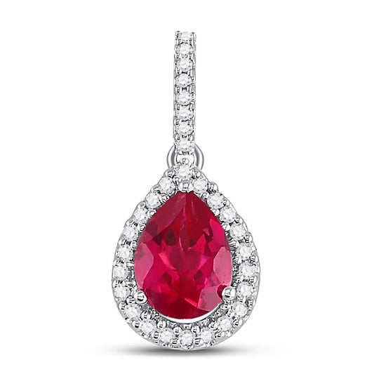 14k White Gold Pear Created Ruby Solitaire Diamond Frame Pendant 1-7/8 Cttw