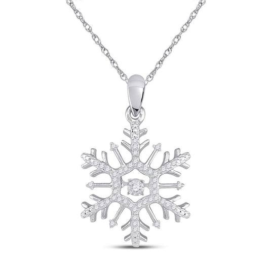 14k White Gold Round Diamond Snowflake Winter Cluster Pendant 1/6 Cttw