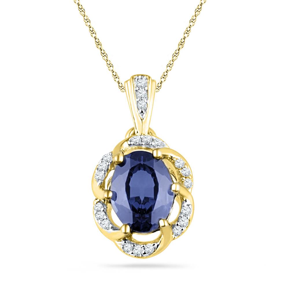 10k Yellow Gold Created Blue Sapphire Solitaire Diamond Pendant 1-3/4 Cttw