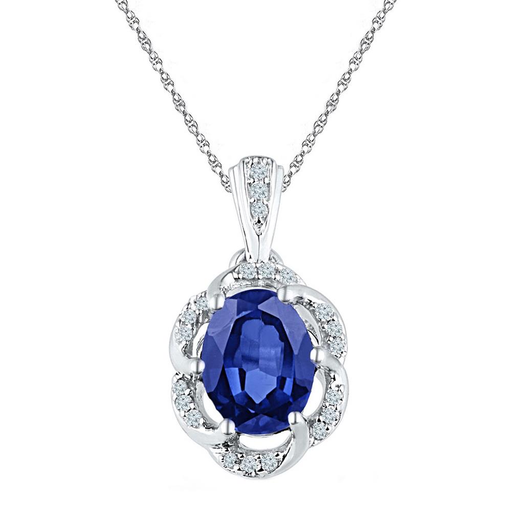 14k White Gold Oval Created Blue Sapphire Solitaire Diamond Pendant 1-3/4 Cttw