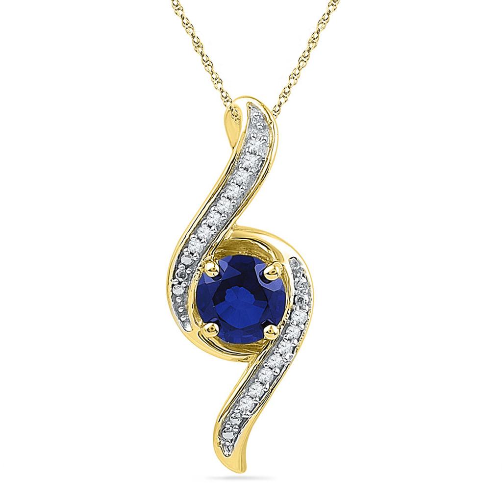 10k Yellow Gold Round Created Blue Sapphire Solitaire Diamond Pendant 1 Cttw