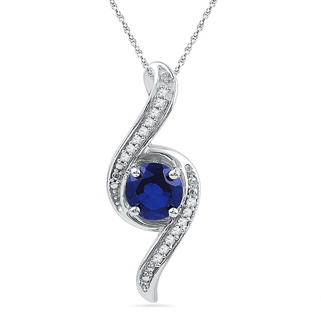 14k White Gold Round Created Blue Sapphire Solitaire Diamond Pendant 1 Cttw