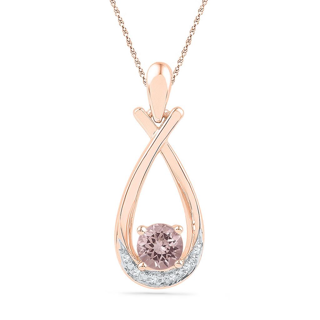 10k Rose Gold Round Created Morganite Diamond Teardrop Pendant 3/8 Cttw