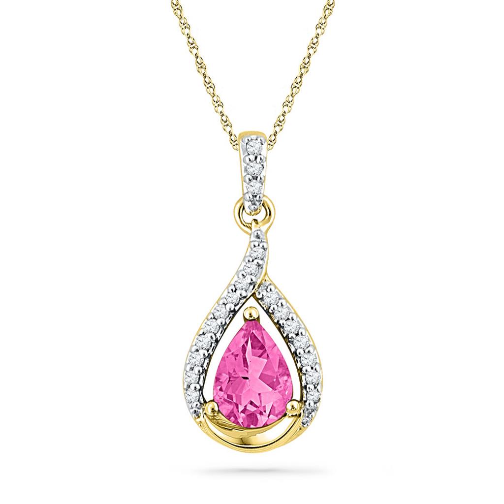 10k Yellow Gold Pear Created Pink Sapphire Solitaire Diamond Pendant 1-5/8 Cttw
