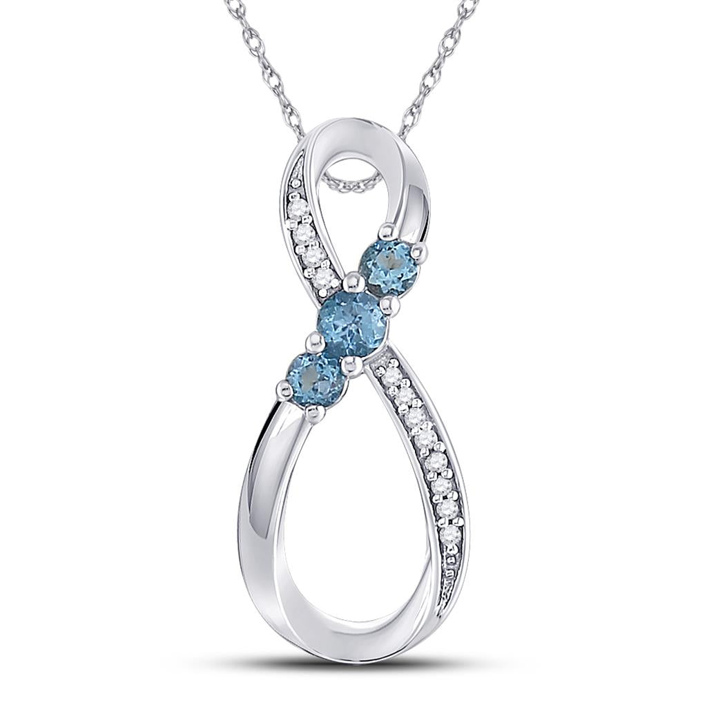 14k White Gold Round Created Blue Topaz 3-stone Pendant 3/8 Cttw