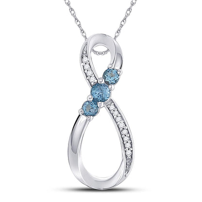 14k White Gold Round Created Blue Topaz 3-stone Pendant 3/8 Cttw