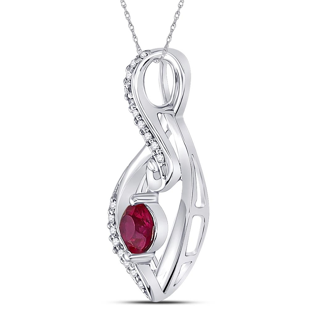 14k White Gold Round Created Ruby Solitaire Diamond Teardrop Pendant 1/10 Cttw