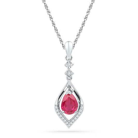 14k White Gold Pear Created Ruby Solitaire Dangle Pendant 1 Cttw