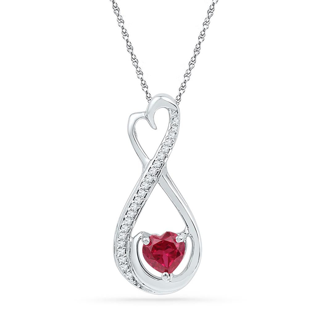 14k White Gold Heart Created Ruby Solitaire Diamond Infinity Pendant 5/8 Cttw