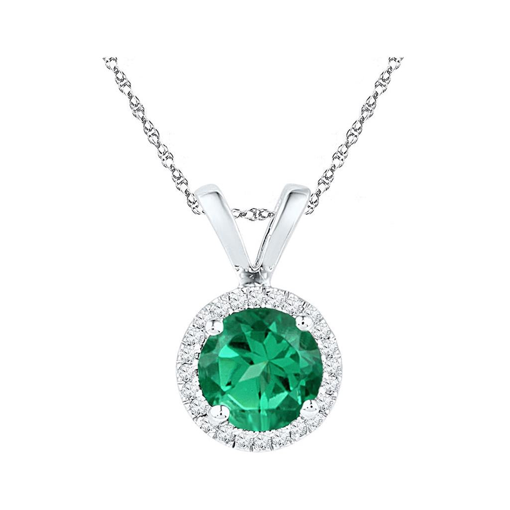14k White Gold Created Emerald Solitaire Diamond Halo Pendant 7/8 Cttw