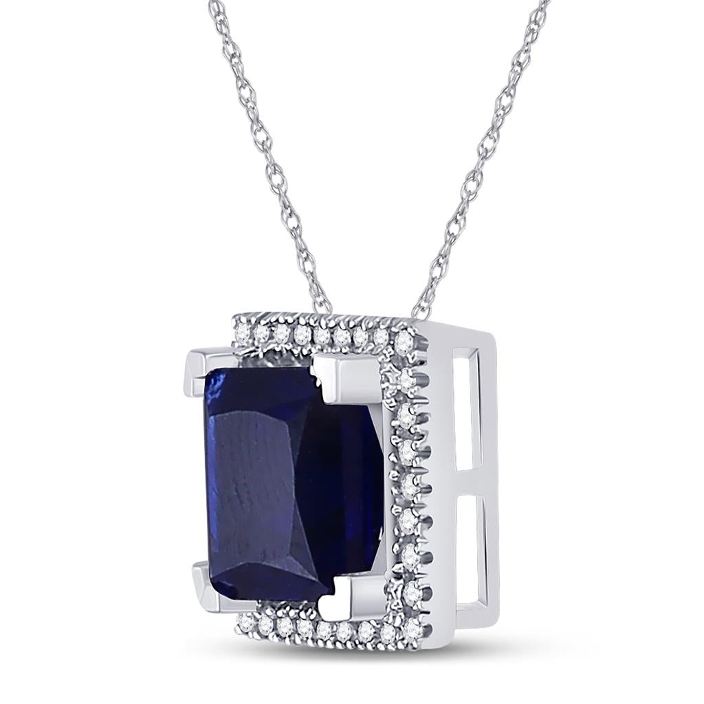 14k White Gold Princess Created Blue Sapphire Solitaire Pendant 1-7/8 Cttw