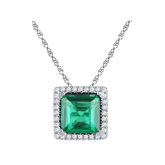 14k White Gold Princess Created Emerald Square Pendant 1-3/4 Cttw