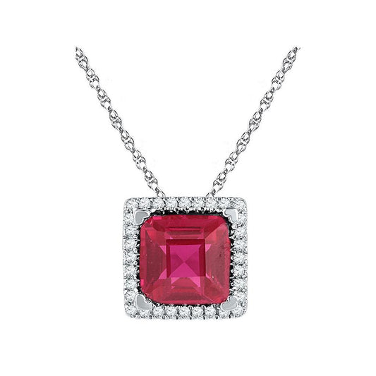 14k White Gold Cushion Created Ruby Solitaire Diamond Pendant 1-7/8 Cttw