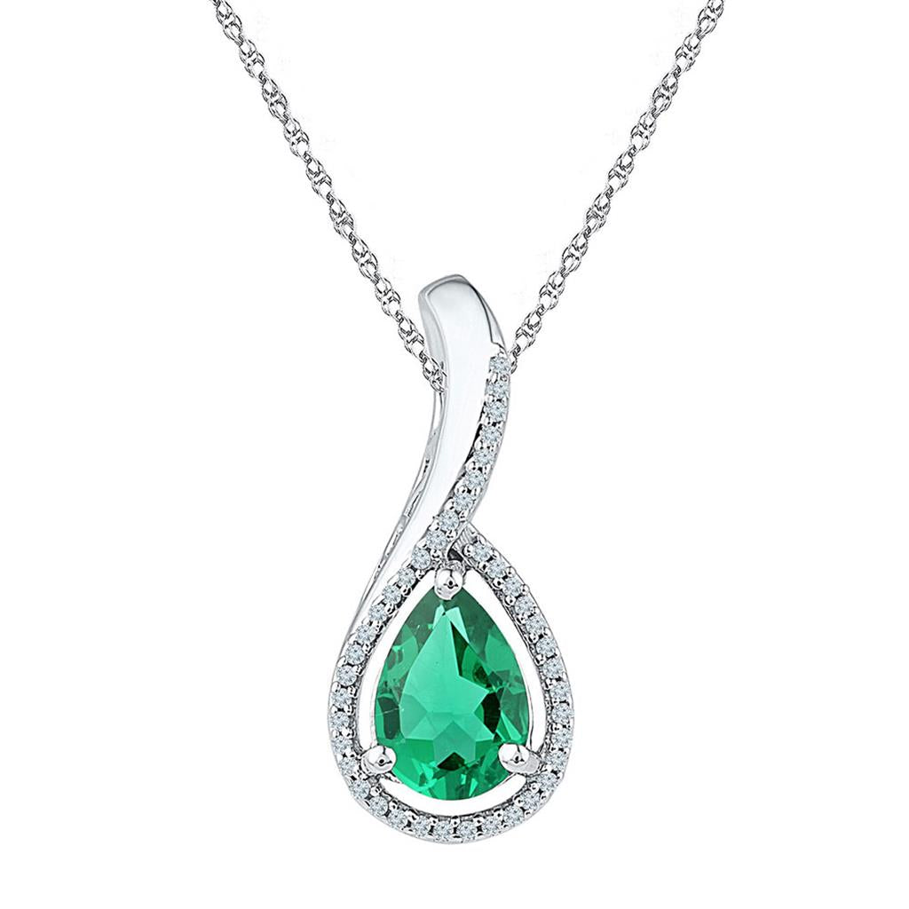 14k White Gold Pear Created Emerald Solitaire Pendant 2 Cttw