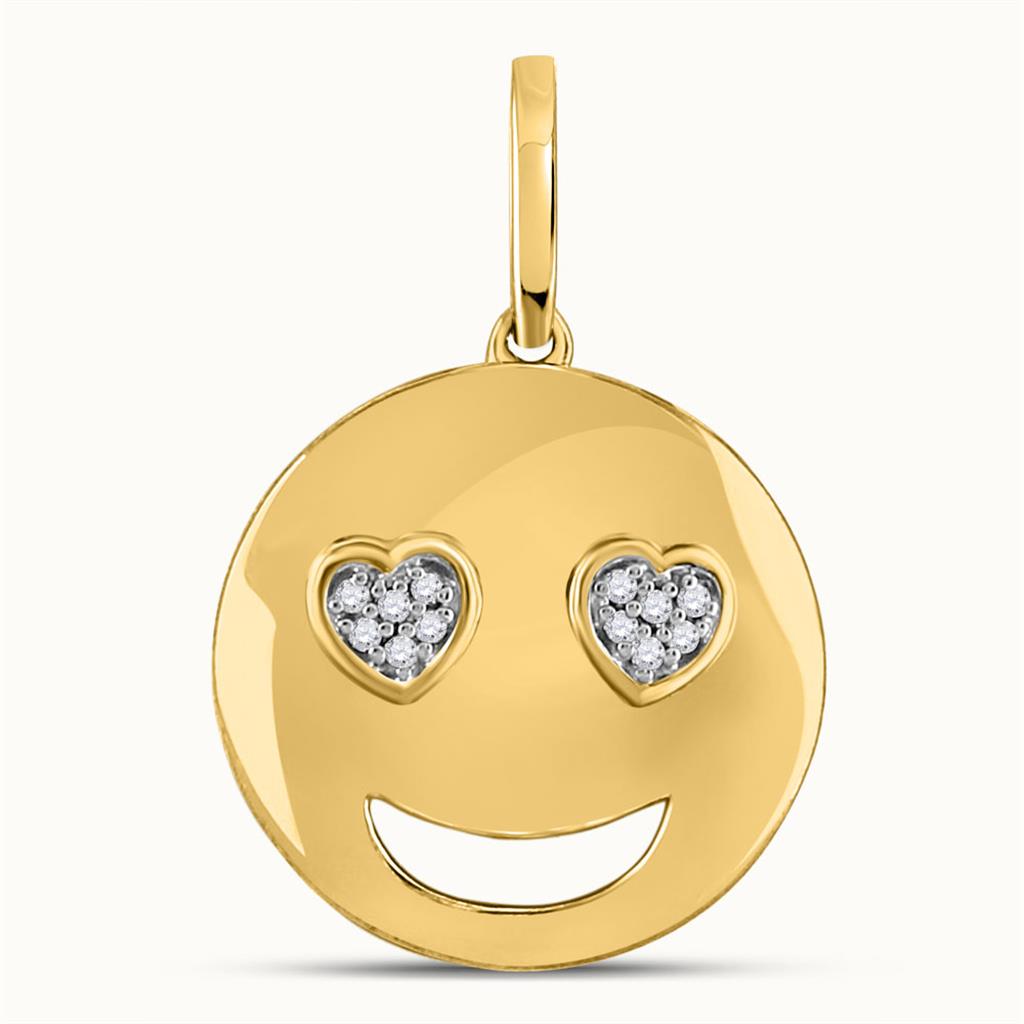 10kt Yellow Gold Round Diamond Smiley Heart Eyes Emoji Pendant .03 Cttw