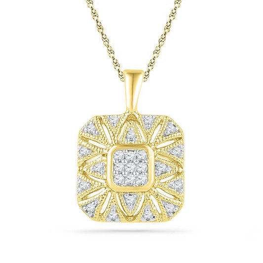 10kt Yellow Gold Round Diamond Square Cluster Pendant 1/6 Cttw