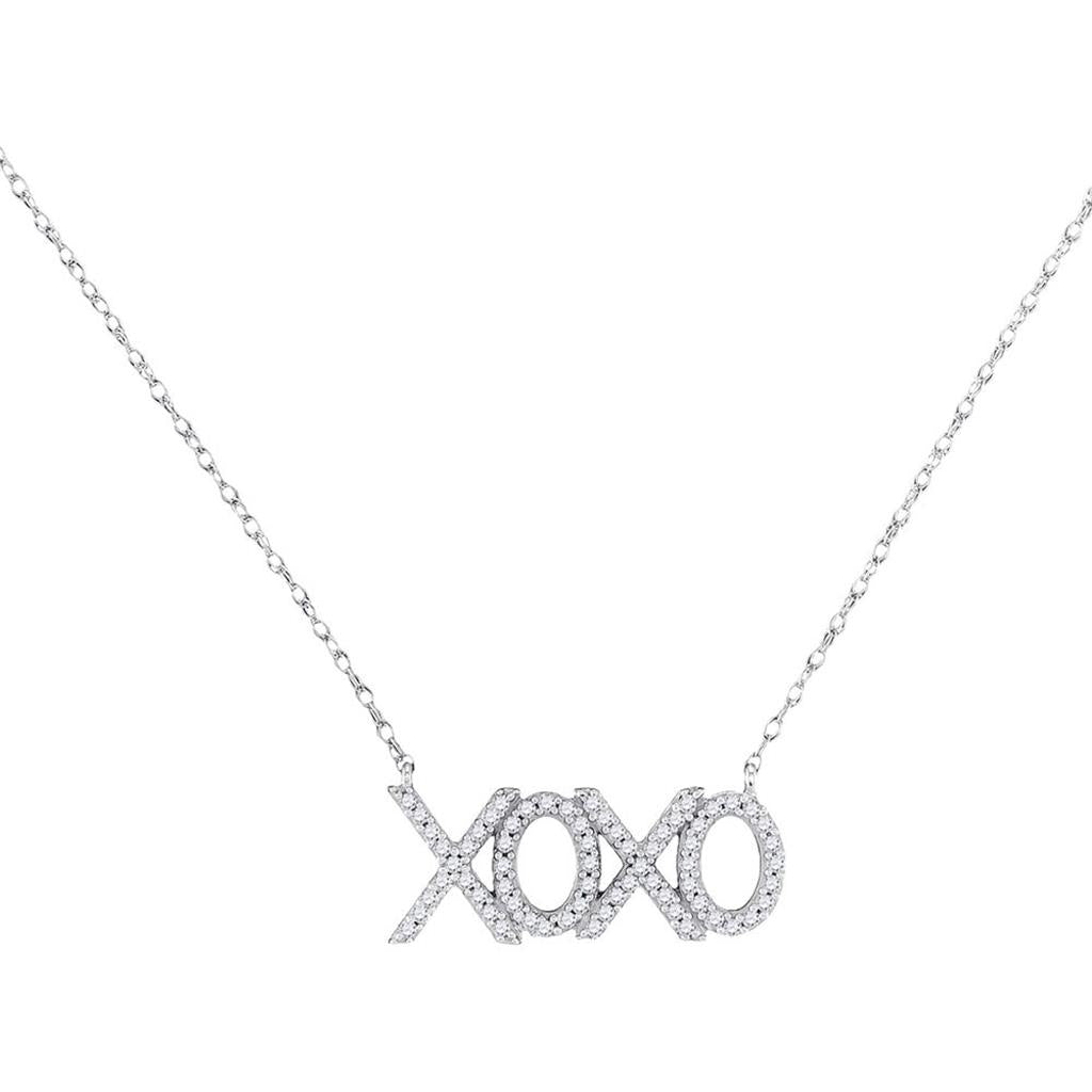 14k White Gold Round Diamond XOXO Hugs Kisses Letter Necklace 1/5 Cttw