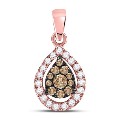 14k Rose Gold Round Brown Diamond Teardrop Cluster Pendant 1/3 Cttw