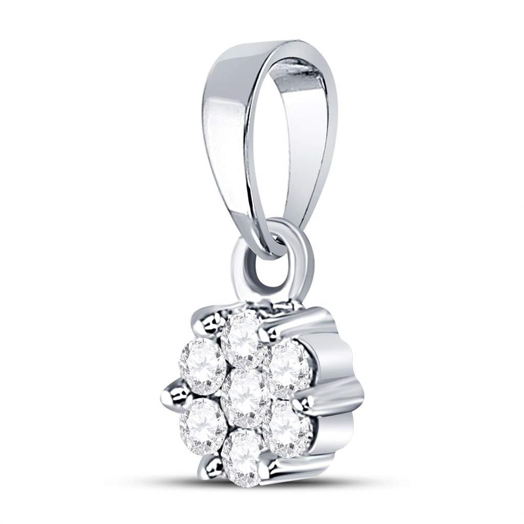 14k White Gold Round Diamond Flower Cluster Pendant 1/10 Cttw