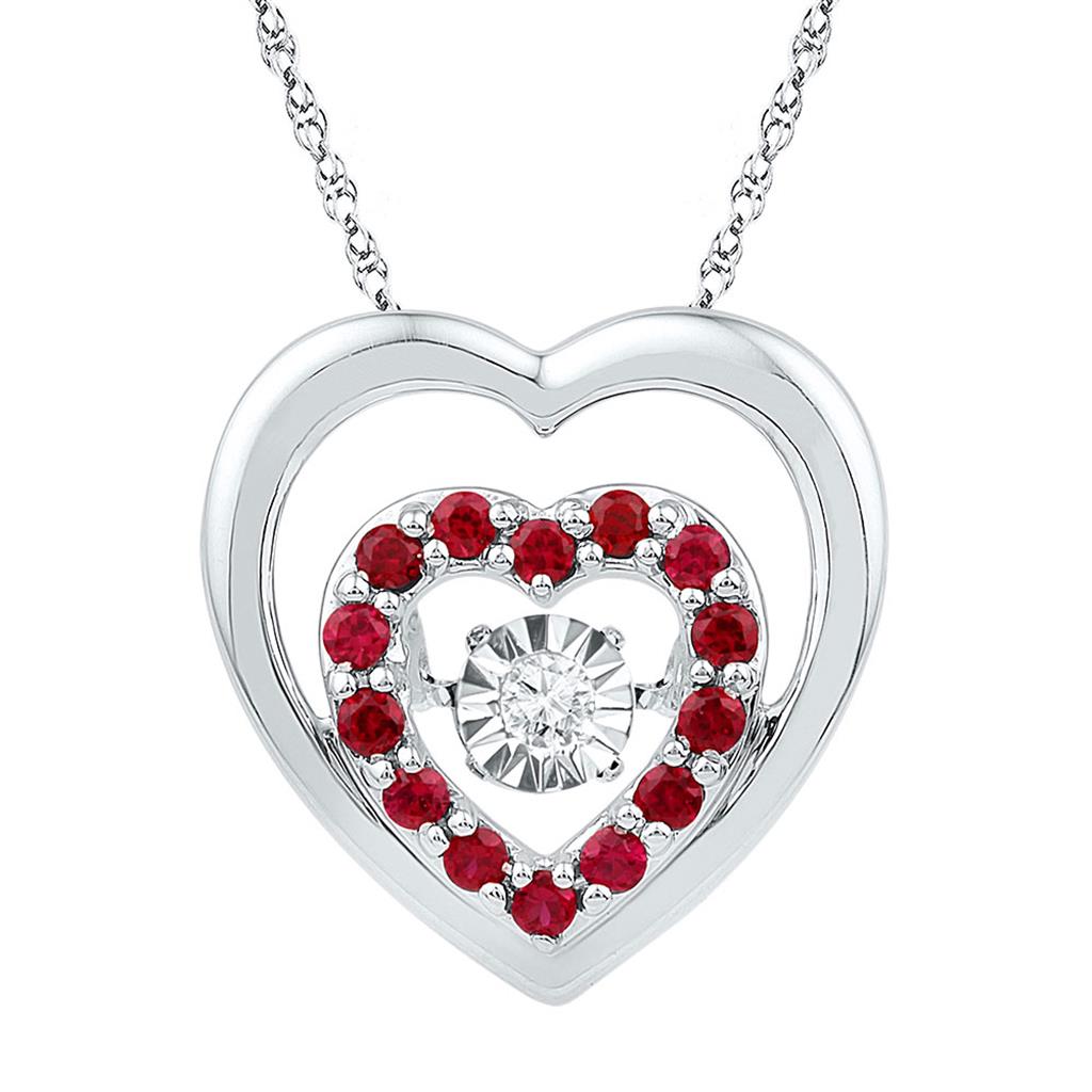 14k White Gold Round Created Ruby Moving Twinkle Heart Pendant 1/2 Cttw