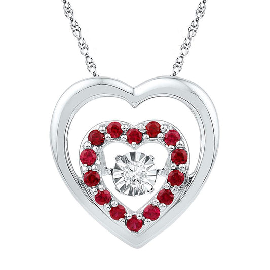 14k White Gold Round Created Ruby Moving Twinkle Heart Pendant 1/2 Cttw