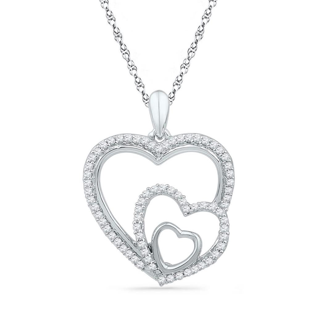 10k Two-tone Gold Round Diamond Double Heart Pendant 1/4 Cttw