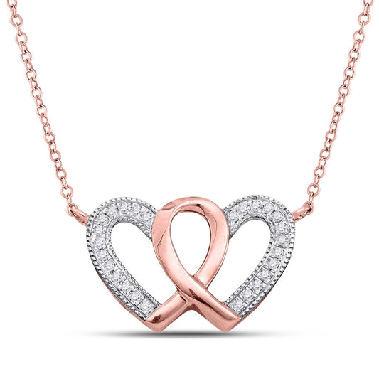 10k Rose Gold Diamond Double Heart Awareness Ribbon Pendant Necklace 1/10 Cttw