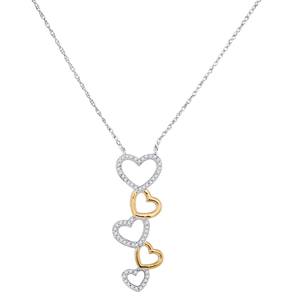 10k Two-tone White Gold Round Diamond Cascading Heart Pendant Necklace 1/6 Cttw