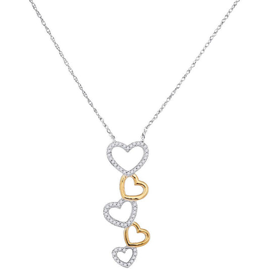 10k Two-tone White Gold Round Diamond Cascading Heart Pendant Necklace 1/6 Cttw
