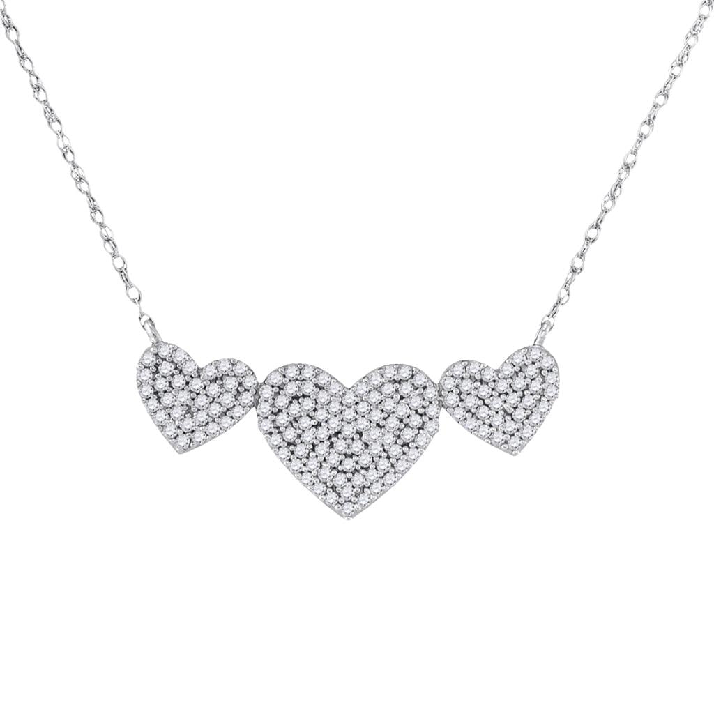 14k White Gold Round Diamond Triple Heart Cluster Pendant Necklace 3/8 Cttw