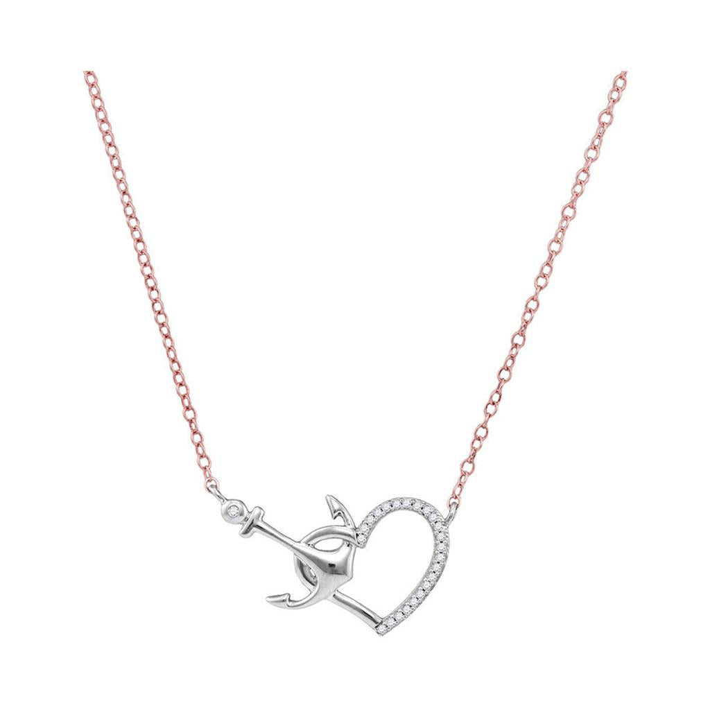 14k White Gold Round Diamond Heart Anchor Pendant Necklace 1/12 Cttw